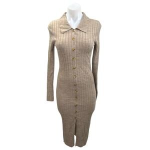 Vila Beige Long Sleeve Rib Knit Collared Button Up Bodycon Sweater Midi Dress XS